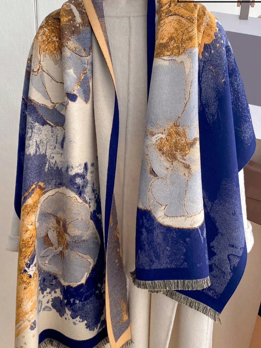 Navy Blue Casual Women's Plants Graphic Jacquard Rectangular Shawl